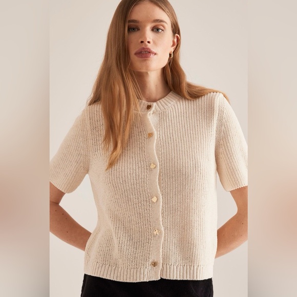 NWOT Anthropologie Maeve Short-Sleeve Button-Front Cardigan Ivory White - Picture 1 of 16